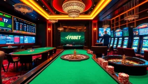 Gambling enthusiasts engaging with the Link F8BET online interface in a luxurious casino.