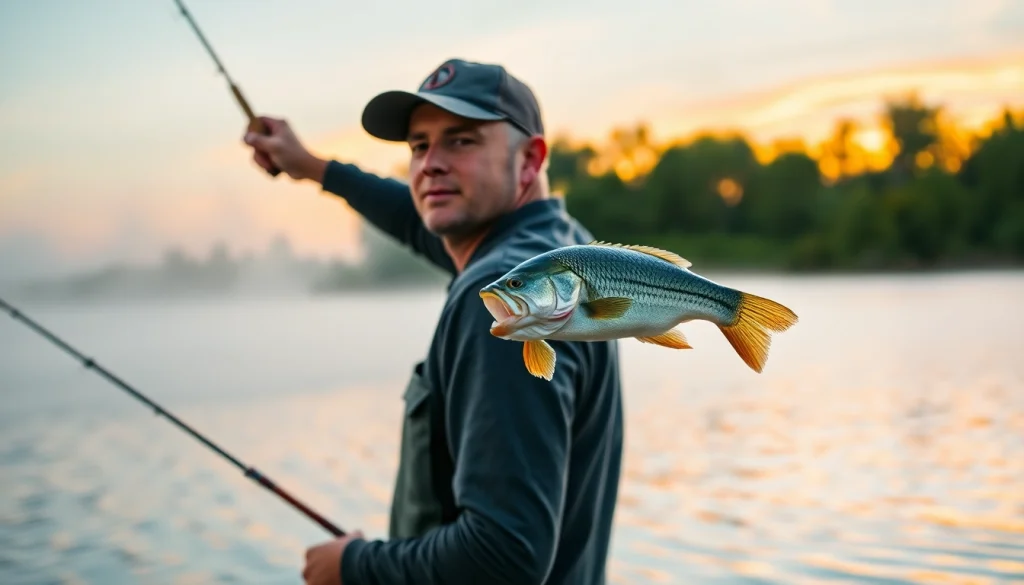 Angler engaged in Fly fishing for bass at a tranquil lake during dawn.