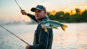 Angler engaged in Fly fishing for bass at a tranquil lake during dawn.