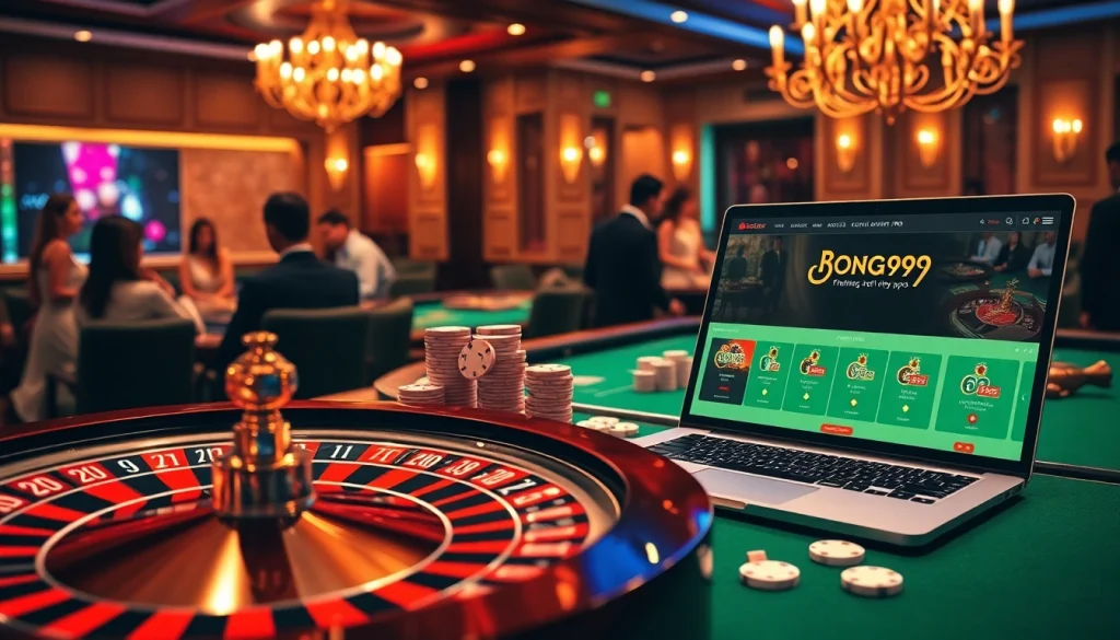 Experience thrilling betting action at https://bong99.pro/ with vibrant casino tables and illuminated poker chips.
