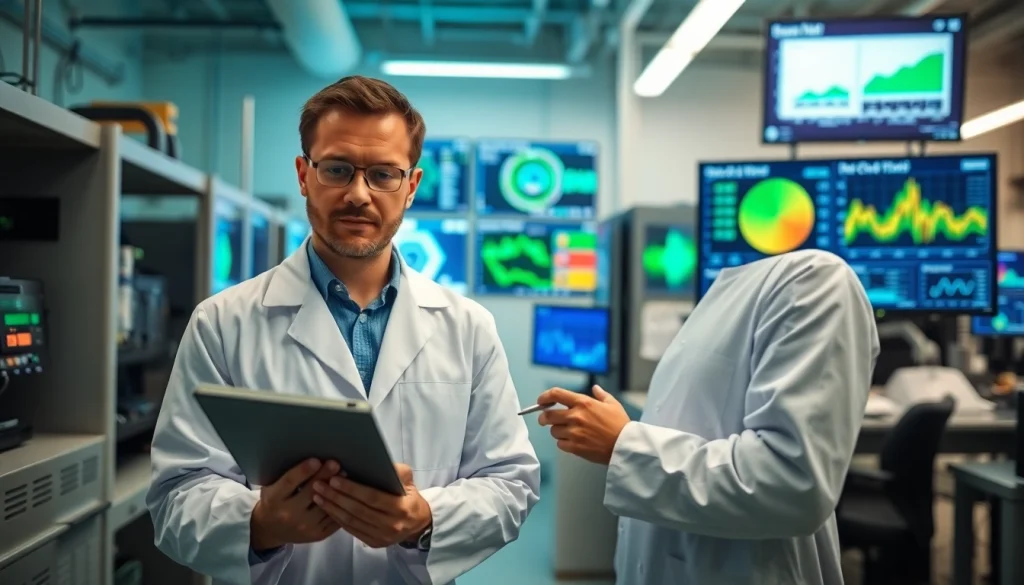 Engineer analyzing the das 140 device in a high-tech lab setting with data analysis tools.