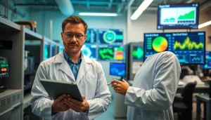 Engineer analyzing the das 140 device in a high-tech lab setting with data analysis tools.