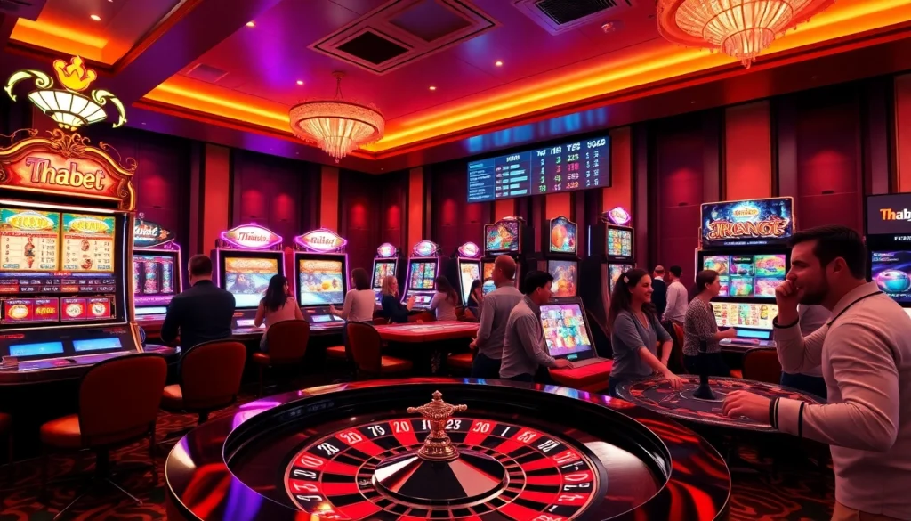 Thabet casino gaming scene showcasing vibrant slot machines and engaged players.