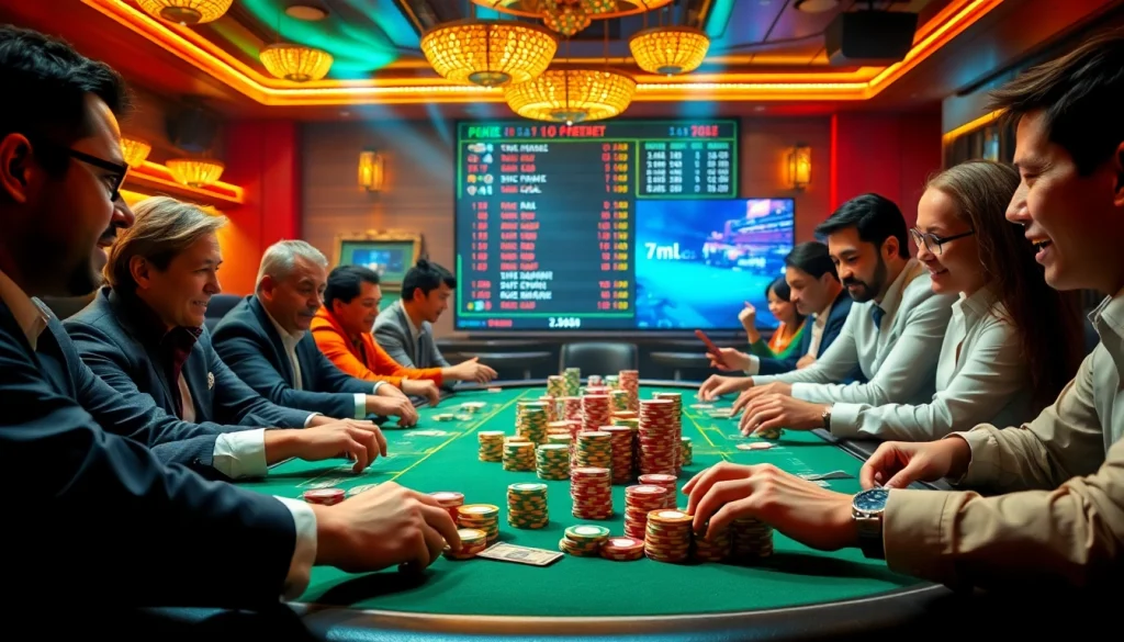 Players enjoying a high-stakes poker game at a casino, while 7m.cn sports scores glow in the background.