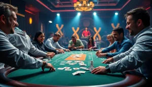 Jogadores se divertindo em um cassino ao vivo da bet da sorte, com cartas e fichas em destaque.