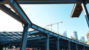 Showcasing steel structure design, a detailed industrial framework rises against a vibrant urban skyline.