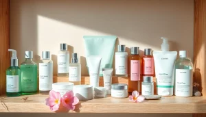 Koreansk hudvård online i Sverige – hudvårdsdisplay med skönhetsprodukter, lugn atmosfär och mjukt ljus.