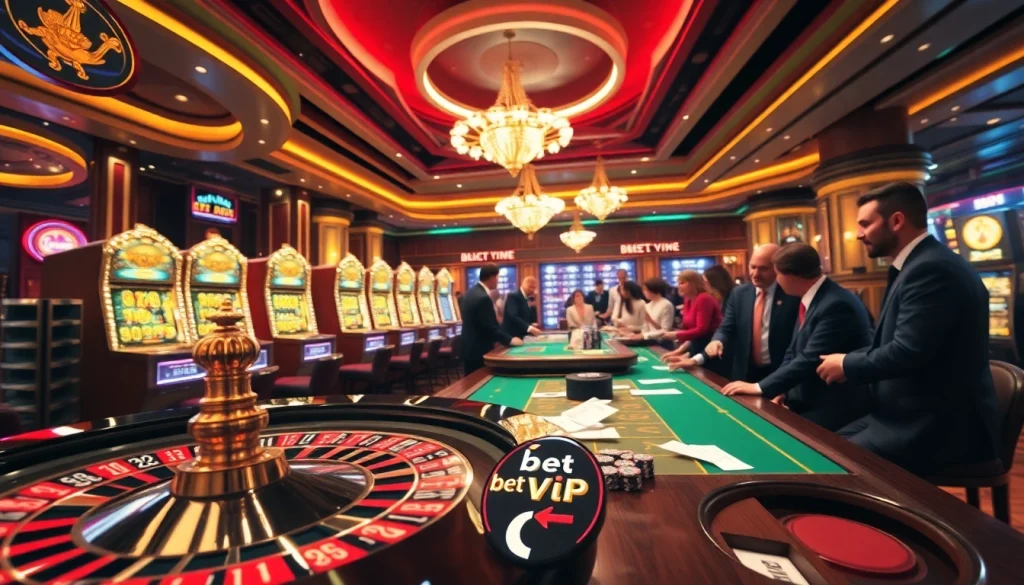 Tham gia vào sự hứng khởi của Bet VIP tại một casino sang trọng khi người chơi đang tham gia các trò chơi đầy hồi hộp.