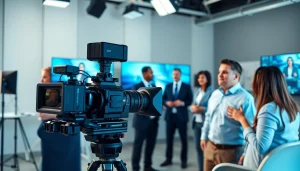 Engaging corporate video production scene highlighting teamwork and professionalism in video creation.