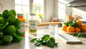 健康を促進する新鮮な食材が並ぶ明るいキッチンで推奨される葉酸サプリ