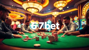 Experience thrilling gameplay at 67bet with vibrant casino tables and energetic gamblers.