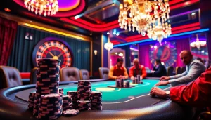 Engage in a thrilling poker game at rr88, with vibrant chips and an exciting atmosphere.