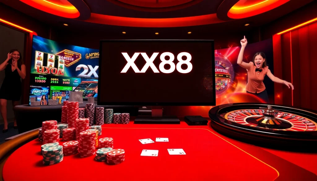 Experience the thrill of online gambling at XX88 with poker chips and vibrant casino games.