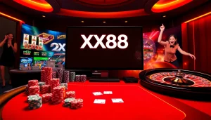 Experience the thrill of online gambling at XX88 with poker chips and vibrant casino games.