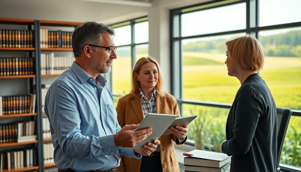 Engaging agriculture lawyer consulting a client in an inviting office setting.