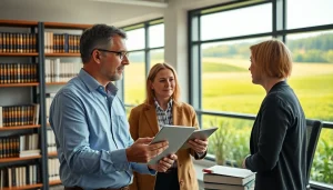 Engaging agriculture lawyer consulting a client in an inviting office setting.