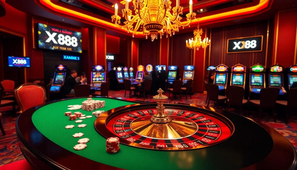 Experience the thrill of gaming at XX88's luxurious casino tables with roulette, poker chips, and more.