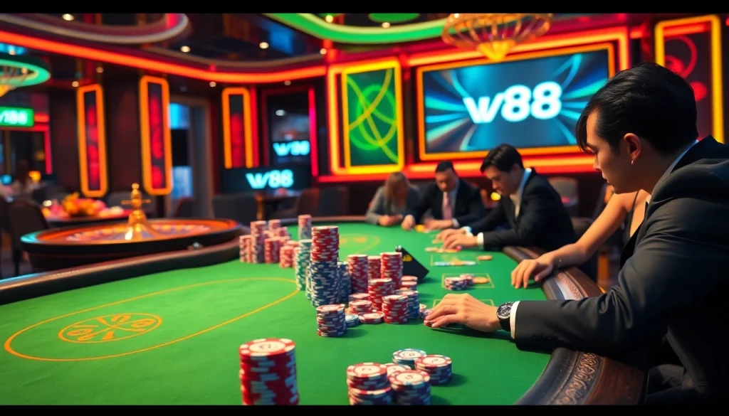 Engaged players immerse in a high-stakes game at a luxurious vn88 casino table.