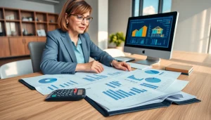 Księgowość dla firmy budowlanej prowadzona przez profesjonalnego księgowego zarządzającego dokumentami budowlanymi w nowoczesnym biurze.