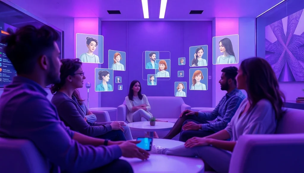 Engaging atmosphere of AI sex interactions in a futuristic lounge with diverse users connecting through advanced chatbots.