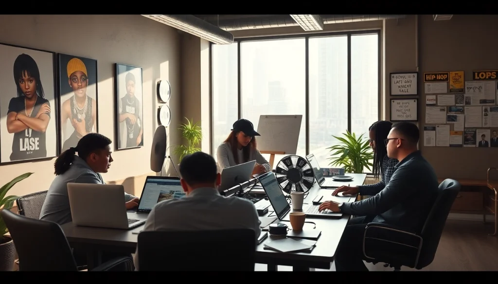 Hip hop PR firm professionals collaborating in a creative urban office.