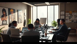 Hip hop PR firm professionals collaborating in a creative urban office.