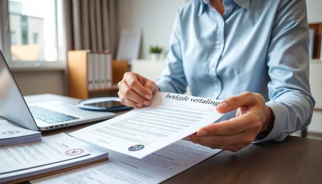 Professional translator focusing on beëdigde vertaling in a modern office environment.