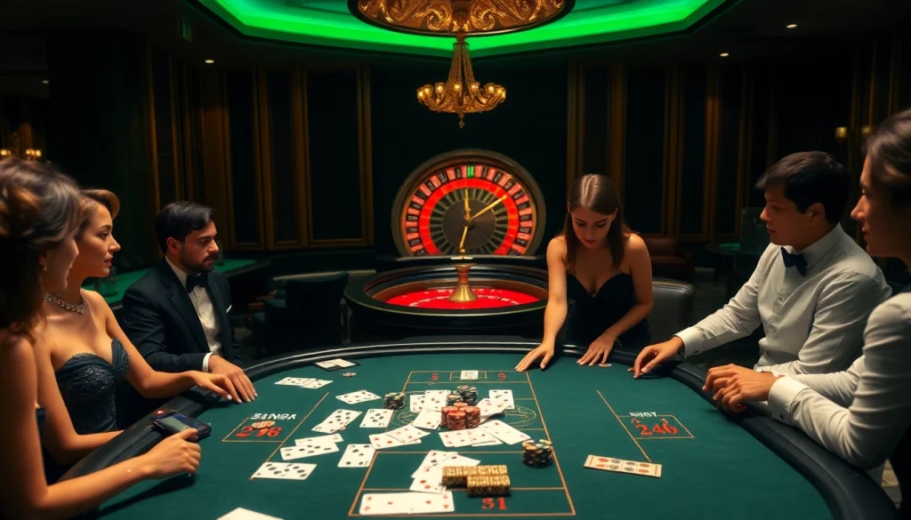Players enjoying a thrilling baccarat game at XX88's luxurious casino table, featuring elegant decor and high-stakes excitement.