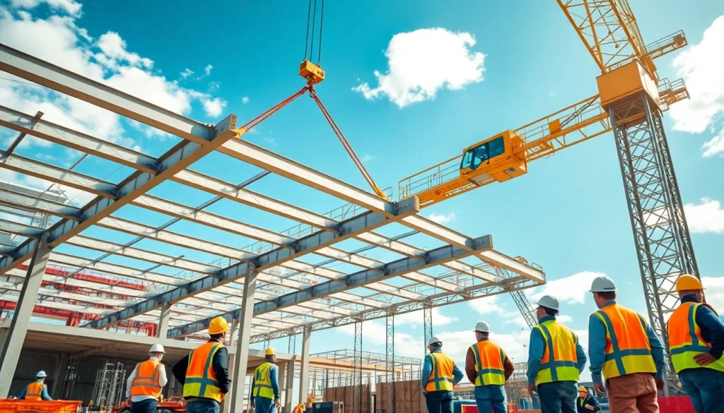 Workers performing structural steel installation on a commercial building site.