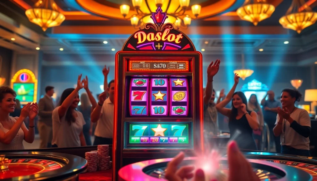 Players enjoying the doaslot slot machine experience in a vibrant casino setting.