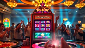 Players enjoying the doaslot slot machine experience in a vibrant casino setting.