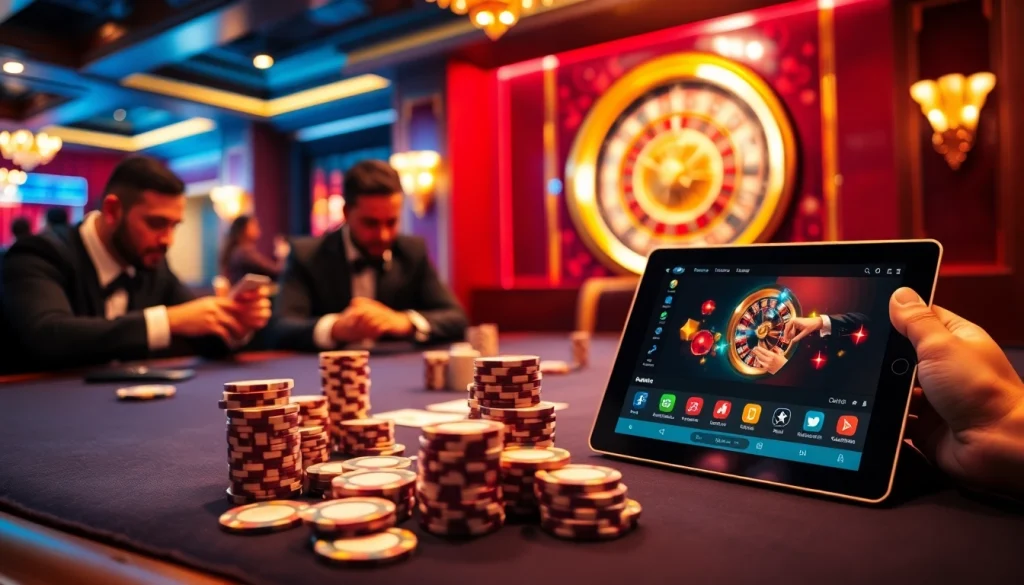 Experience high-stakes play at https://rr88.wales/ with vibrant poker chips and a glowing roulette wheel.
