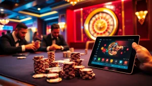 Experience high-stakes play at https://rr88.wales/ with vibrant poker chips and a glowing roulette wheel.