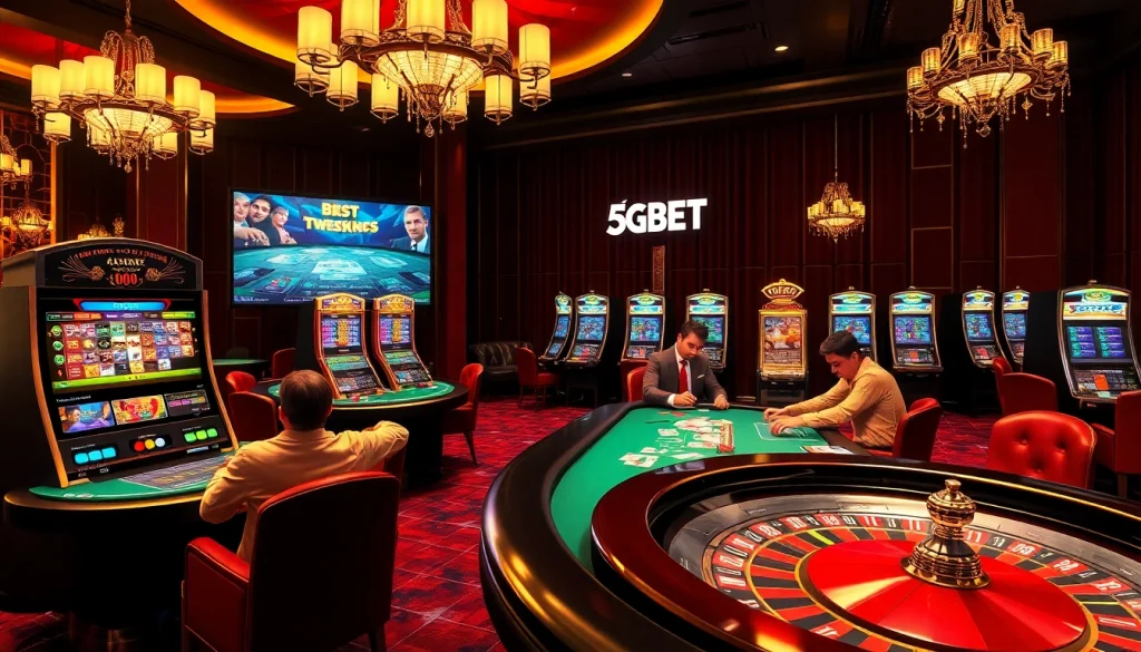 Experience the excitement of 5GBET with vibrant poker tables and roulette wheels in a luxurious casino atmosphere.