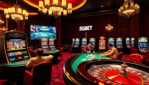 Experience the excitement of 5GBET with vibrant poker tables and roulette wheels in a luxurious casino atmosphere.