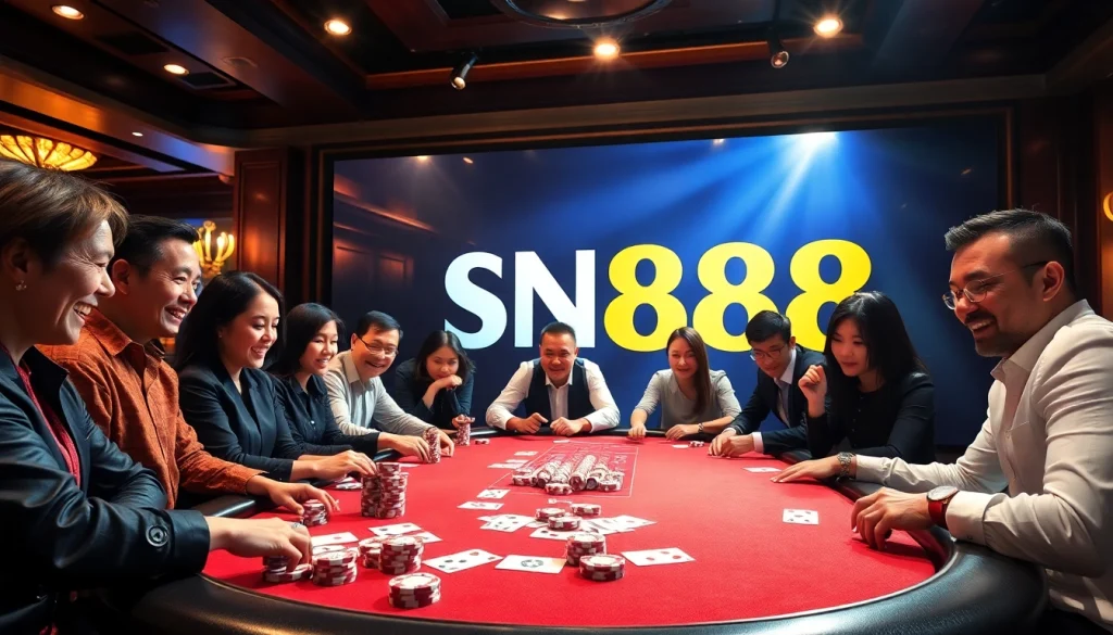 Players enjoying a poker game at SN888 casino, highlighted by vibrant colors and luxury.