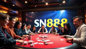 Players enjoying a poker game at SN888 casino, highlighted by vibrant colors and luxury.