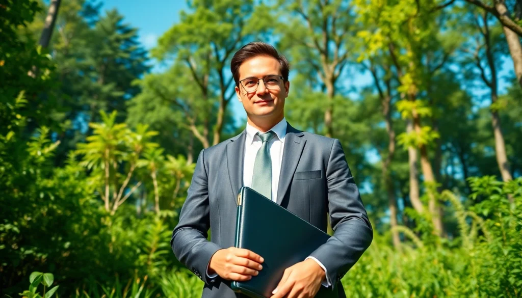 Environmental lawyer standing in a green outdoor setting, showcasing commitment to nature.