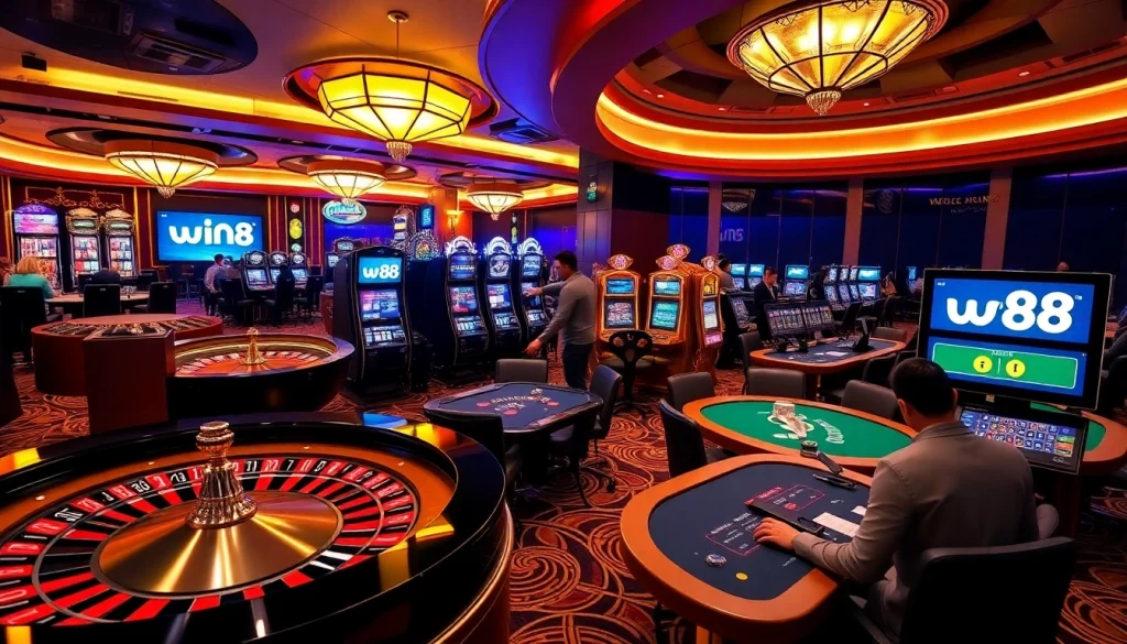 Liên kết W88 cho thấy một môi trường casino trực tuyến hấp dẫn với người chơi tham gia roulette và máy đánh bạc.