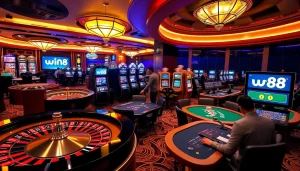 Liên kết W88 cho thấy một môi trường casino trực tuyến hấp dẫn với người chơi tham gia roulette và máy đánh bạc.