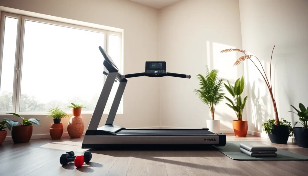Home treadmill manufacturer showcasing a sleek treadmill in a modern home gym.