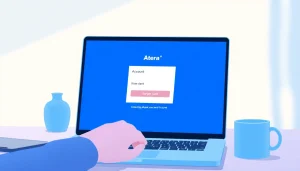 Atera login process depicted on a laptop screen in a modern workspace setting.