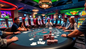 Players enjoying a thrilling experience at an OKWIN gambling table with vibrant slot machines.