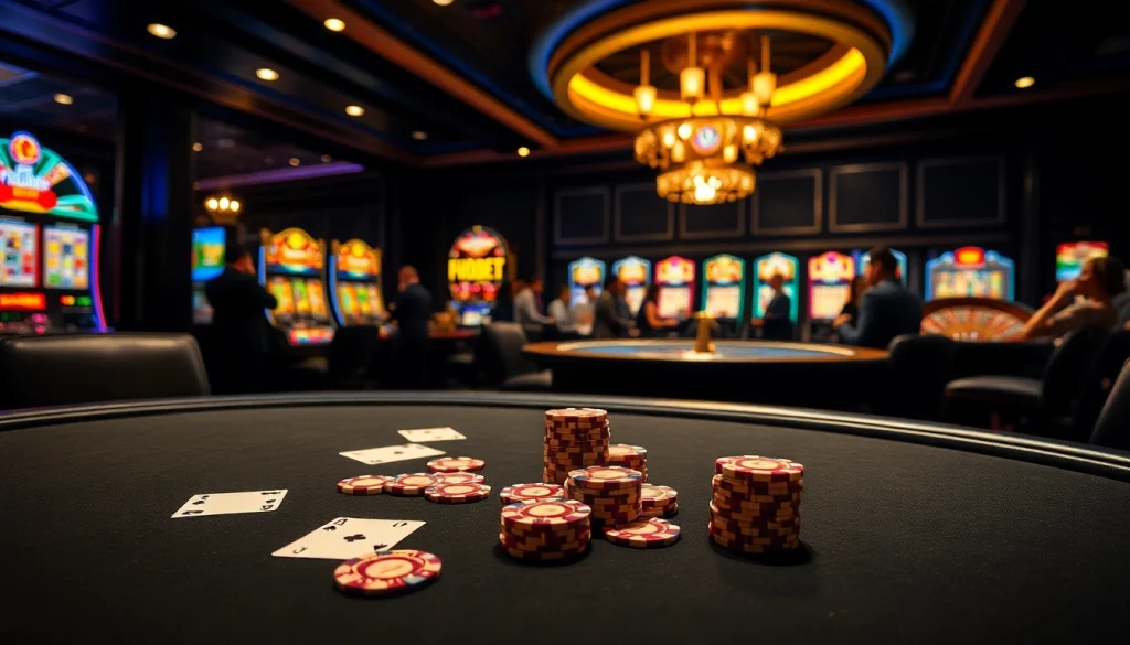 Experience the excitement of THABET with a luxurious casino scene filled with poker tables, slot machines, and roulette wheels.