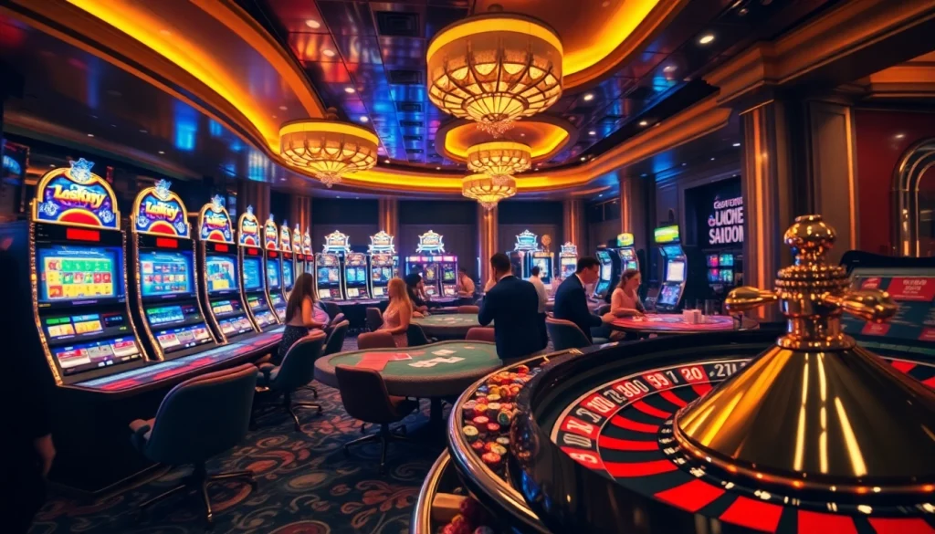 Players enjoying an immersive gaming experience at 79king casino, featuring vibrant tables and slot machines.