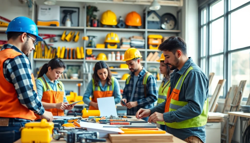 Hands-on training in construction trade schools in texas with diverse students collaborating.
