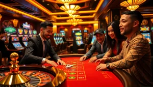 Players enjoying thrilling casino games at BIG88.BAR, with vibrant slot machines and a roulette wheel.