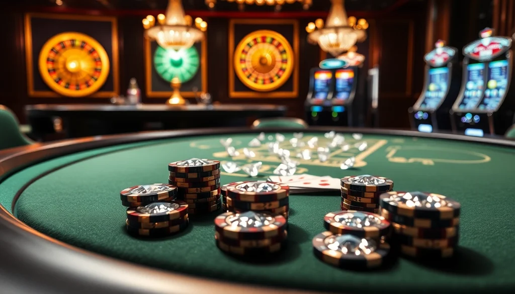 Experience high-stakes action at a diamond-themed poker table with luxury chips and cards.