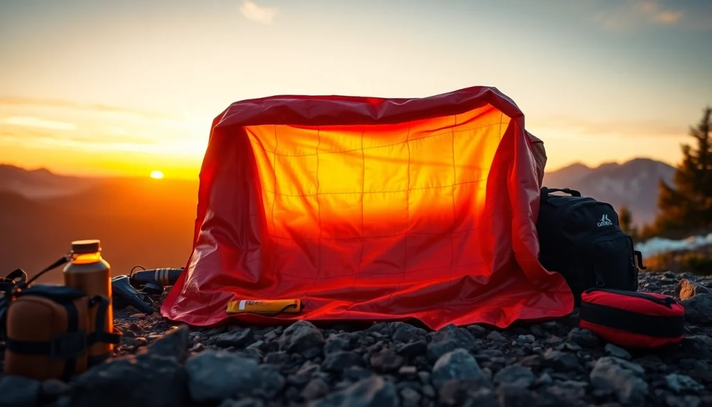 Emergency blanket providing warmth and safety in an adventurous outdoor setting.