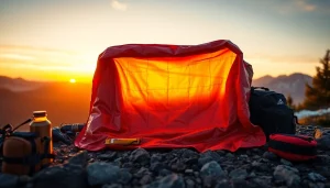 Emergency blanket providing warmth and safety in an adventurous outdoor setting.